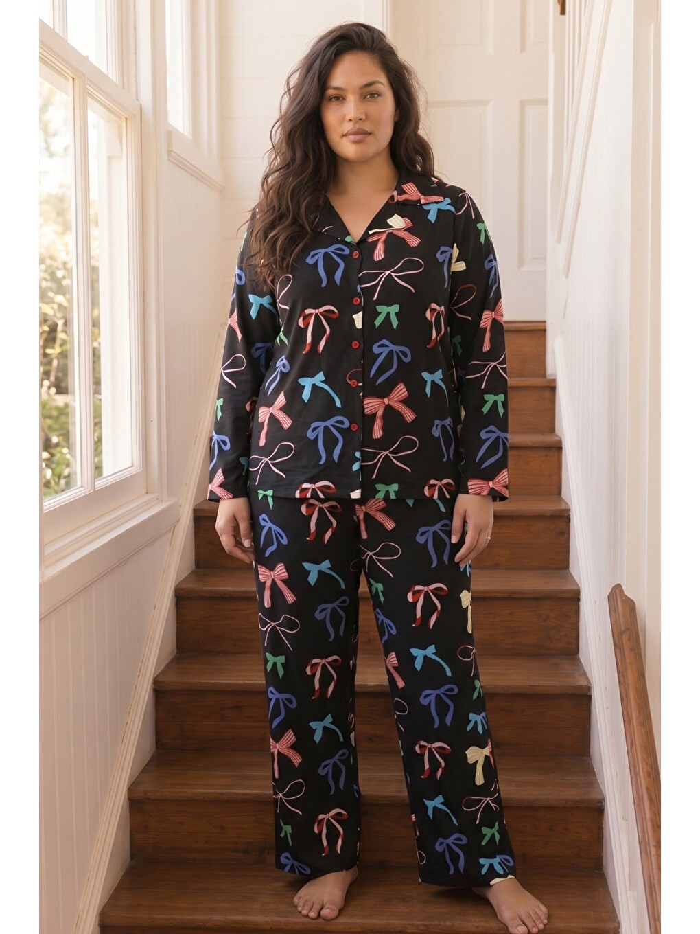 Siyah Desenli Termal Kumaşlı Ultra Soft Yumuşak Büyük Beden Battal Boy Düğmeli Örme Pijama Takımı-1