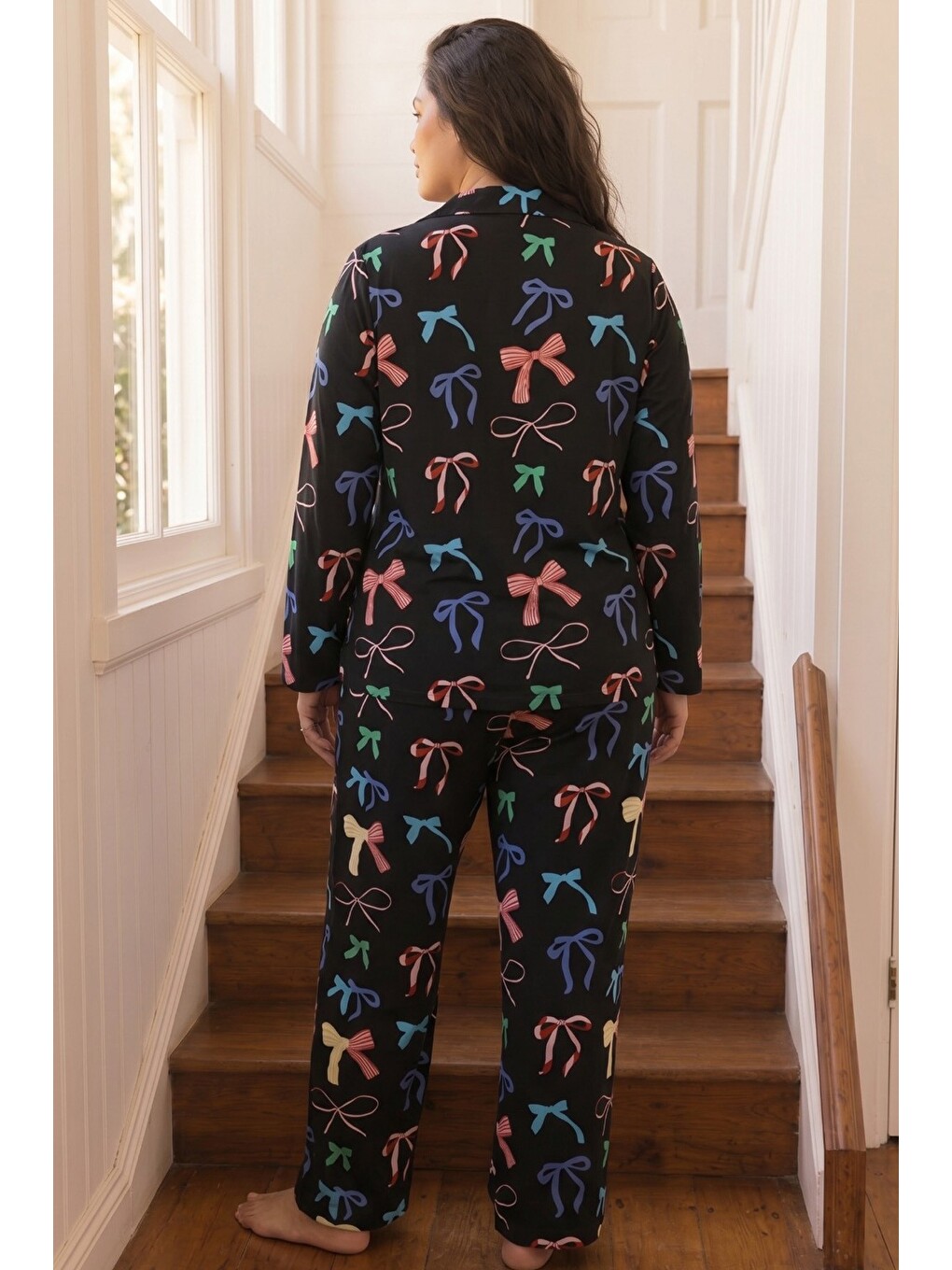 Siyah Desenli Termal Kumaşlı Ultra Soft Yumuşak Büyük Beden Battal Boy Düğmeli Örme Pijama Takımı-2