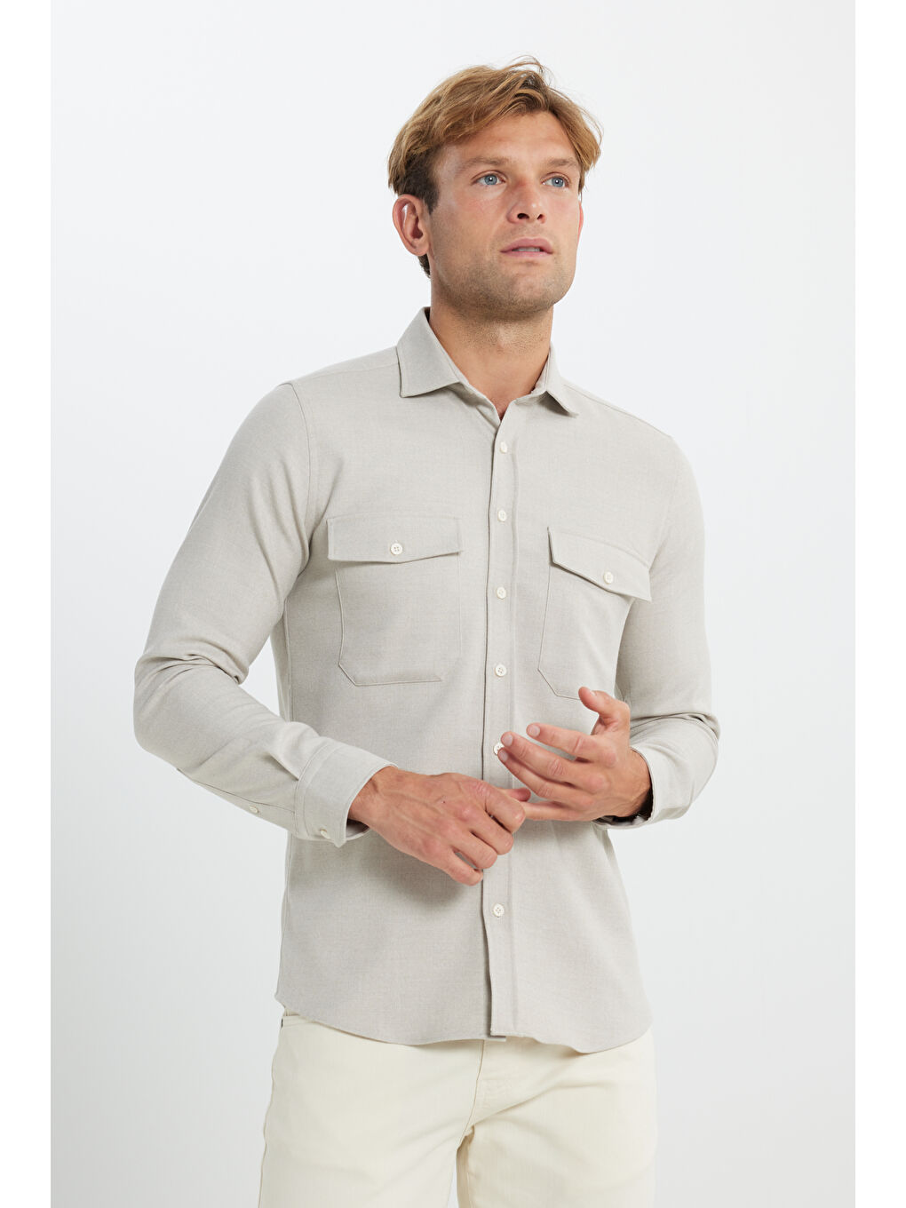 Erkek Bej Oxford Slim Fit Dar Kesim Klasik Yaka Çift Kapak Cepli Gömlek-6