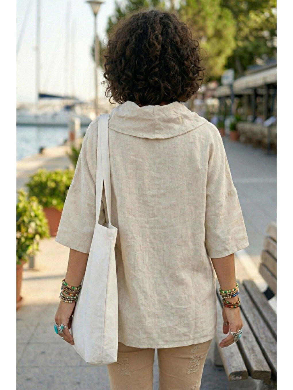 Bej Şal Yaka Kısa Kol Çift Cepli Casual Keten Görünümlü Geniş Kesim Dokuma Bluz 65 83-4