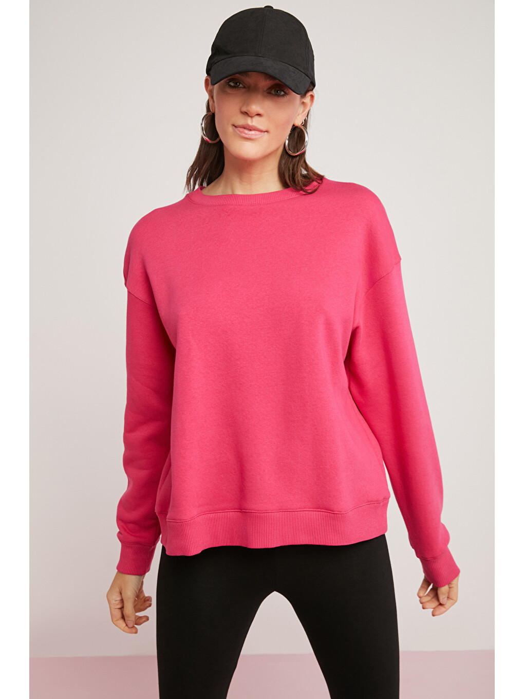 Alfreda Kadın Pamuklu Içi Polarlı Yumuşacık Yuvarlak Yaka Comfort Fit Basıc Pembe Sweatshirt-4