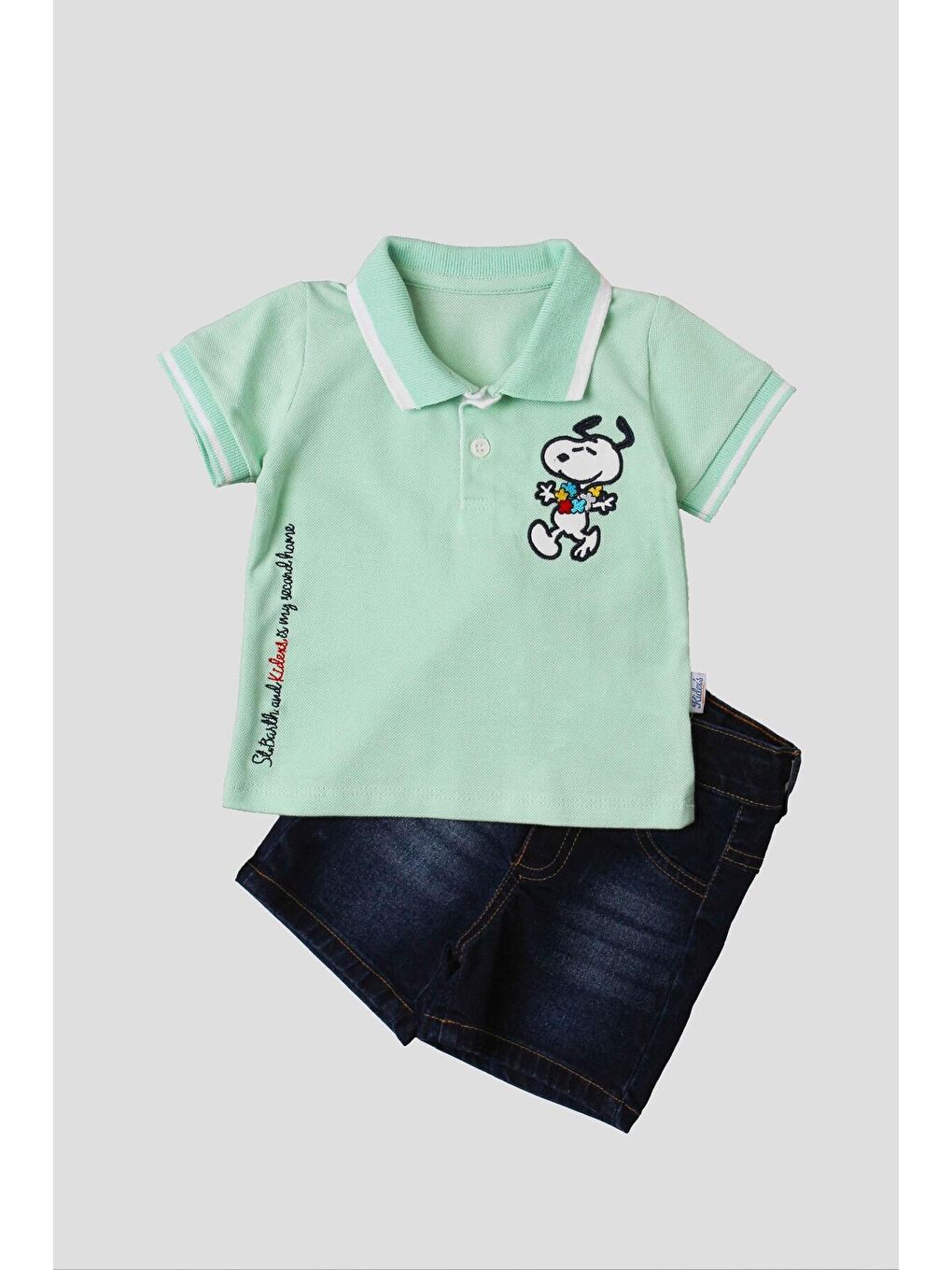 Yeşil Erkek bebek pamuklu polo takım pantolon üst ikili takım-1