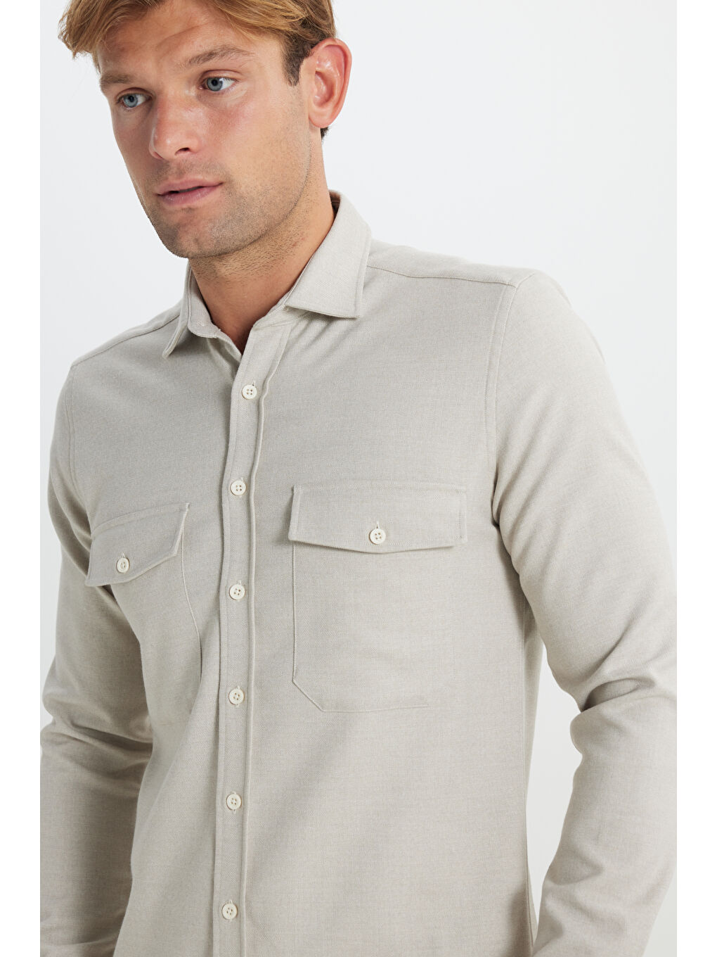 Erkek Bej Oxford Slim Fit Dar Kesim Klasik Yaka Çift Kapak Cepli Gömlek-7