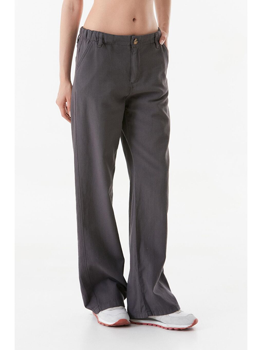 Antrasit Yüksek Bel Palazzo Keten Pantolon-2