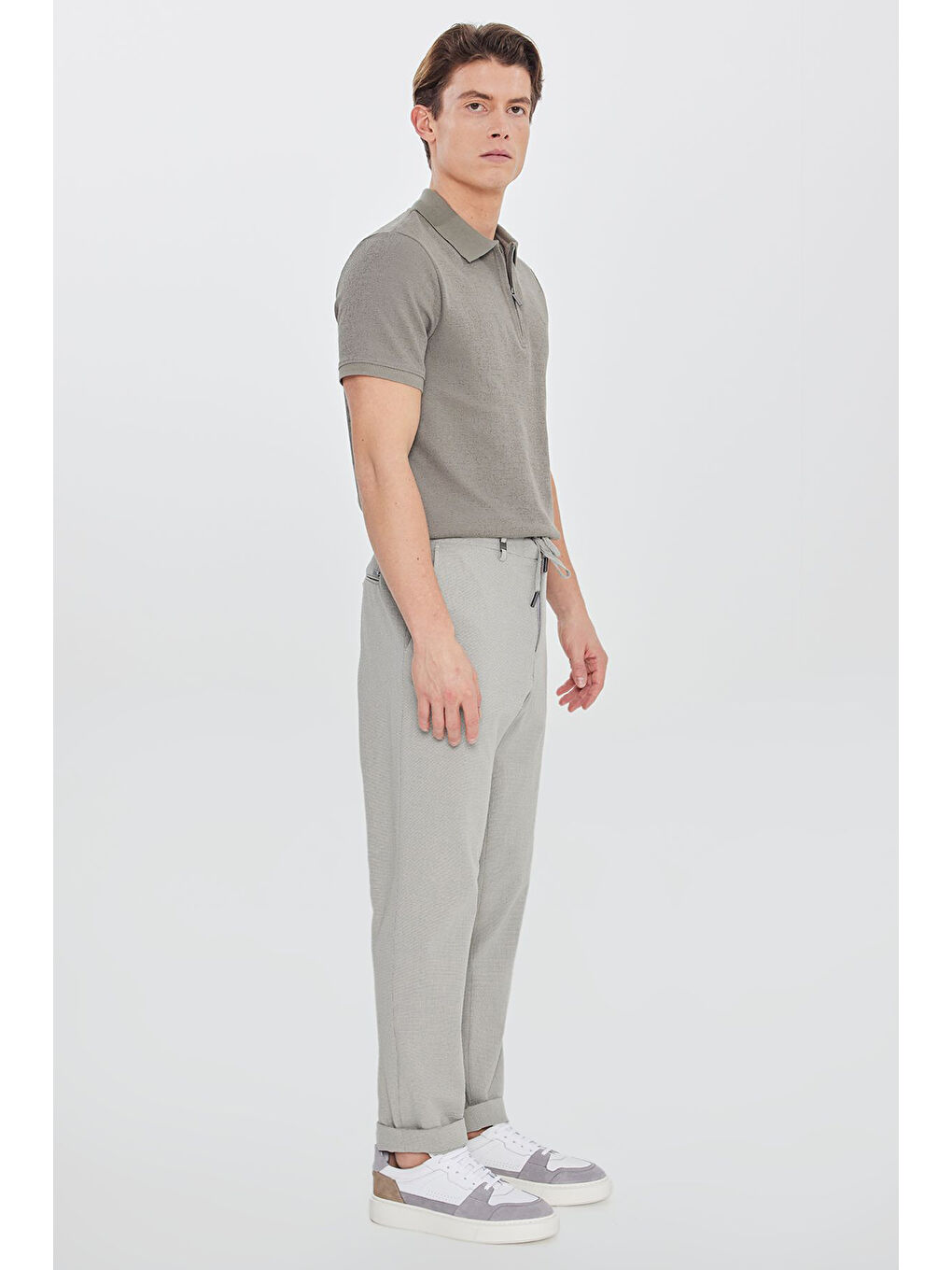 Erkek Gri Slim Fit Beli Bağlamalı Gofre Desenli Yan Cep Casual Pantolon-2