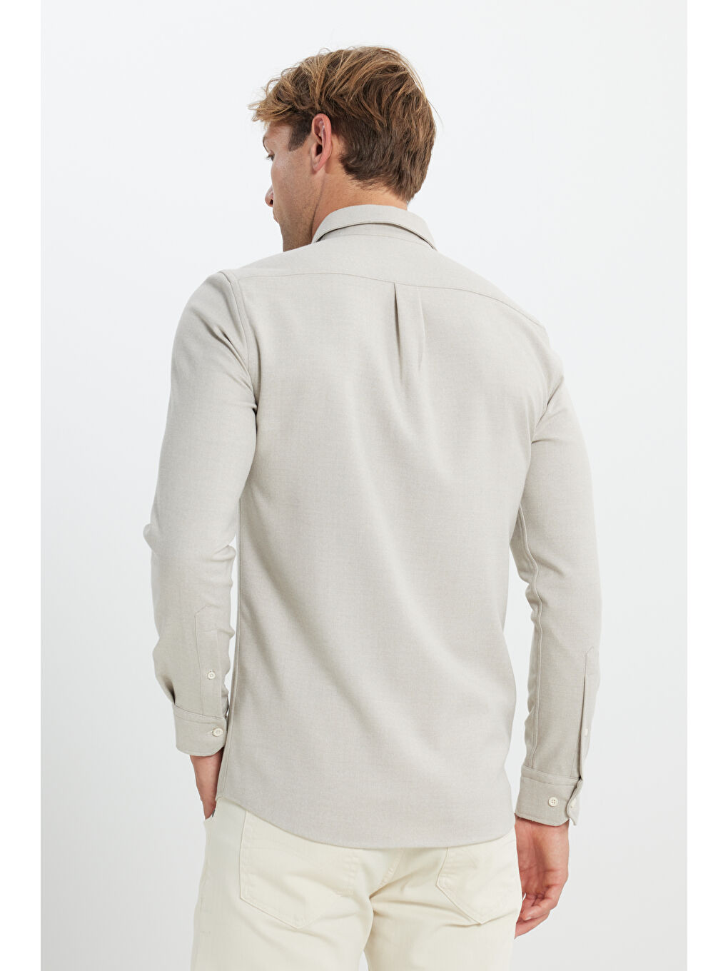 Erkek Bej Oxford Slim Fit Dar Kesim Klasik Yaka Çift Kapak Cepli Gömlek-8