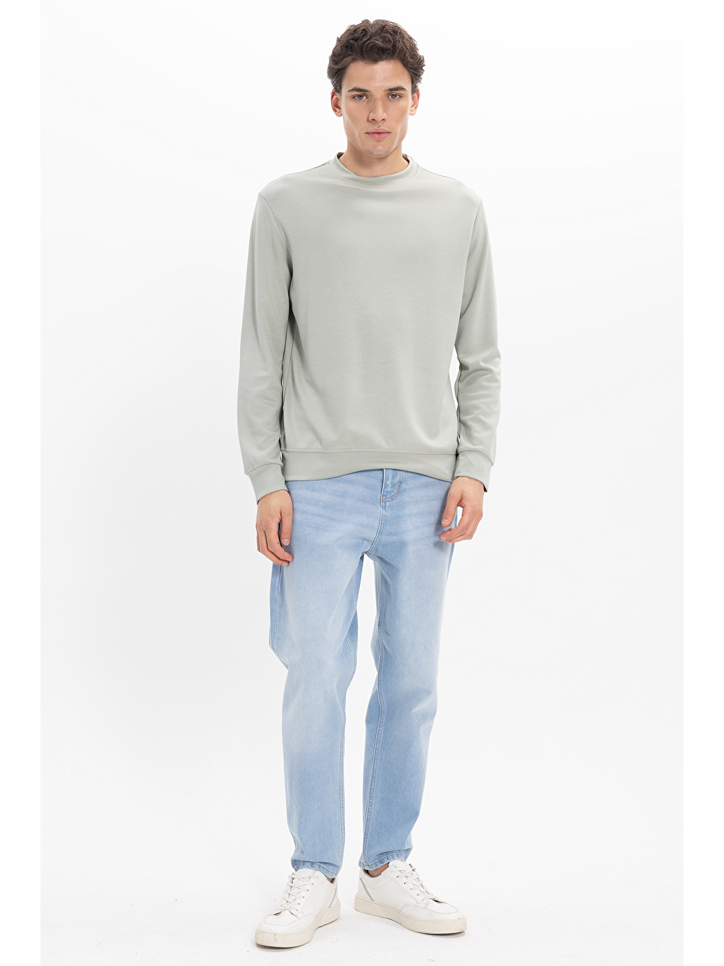 Erkek Standart Fit Normal Kesim Uzun Kollu Ekstra Soft Modal Kumaş Bisiklet Yaka Yeşil Sweatshirt-1