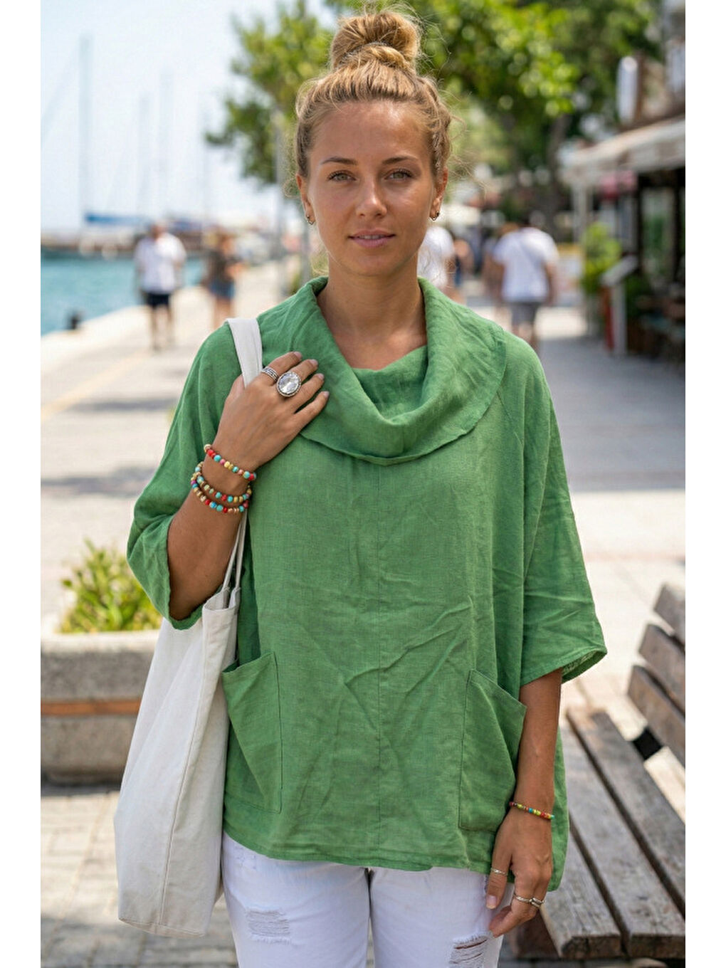 Yeşil Şal Yaka Kısa Kol Çift Cepli Casual Keten Görünümlü Geniş Kesim Dokuma Bluz 65 83-1