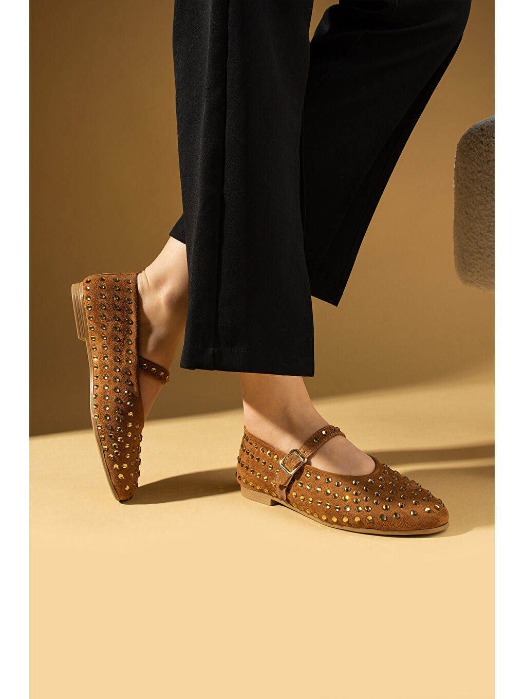 Kahverengi Su Damlacığı Taşlı Tokalı Rahat Taban Kadın Babet 57-49-25Taşlı-2