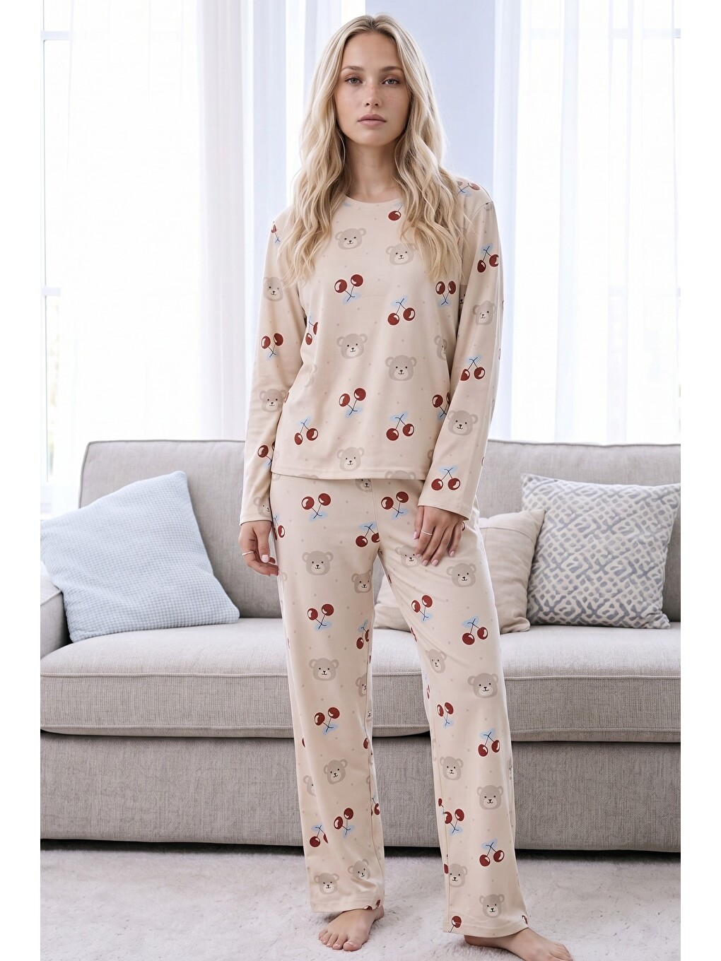 Ekru Krem Desenli Termal Kumaşlı Ultra Soft Yumuşak Örme Pijama Takımı-1