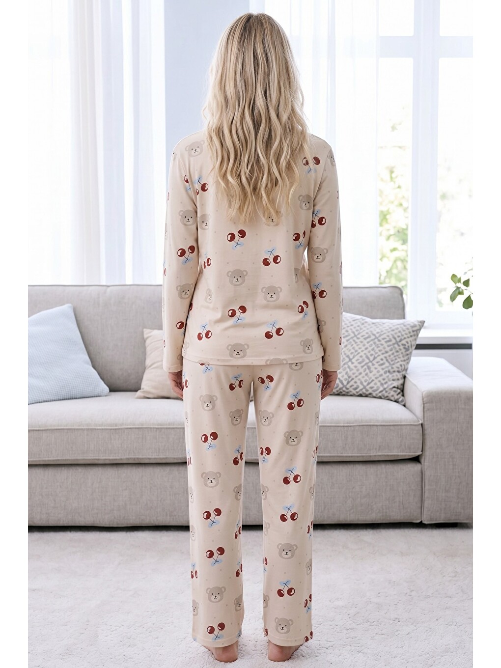 Ekru Krem Desenli Termal Kumaşlı Ultra Soft Yumuşak Örme Pijama Takımı-2