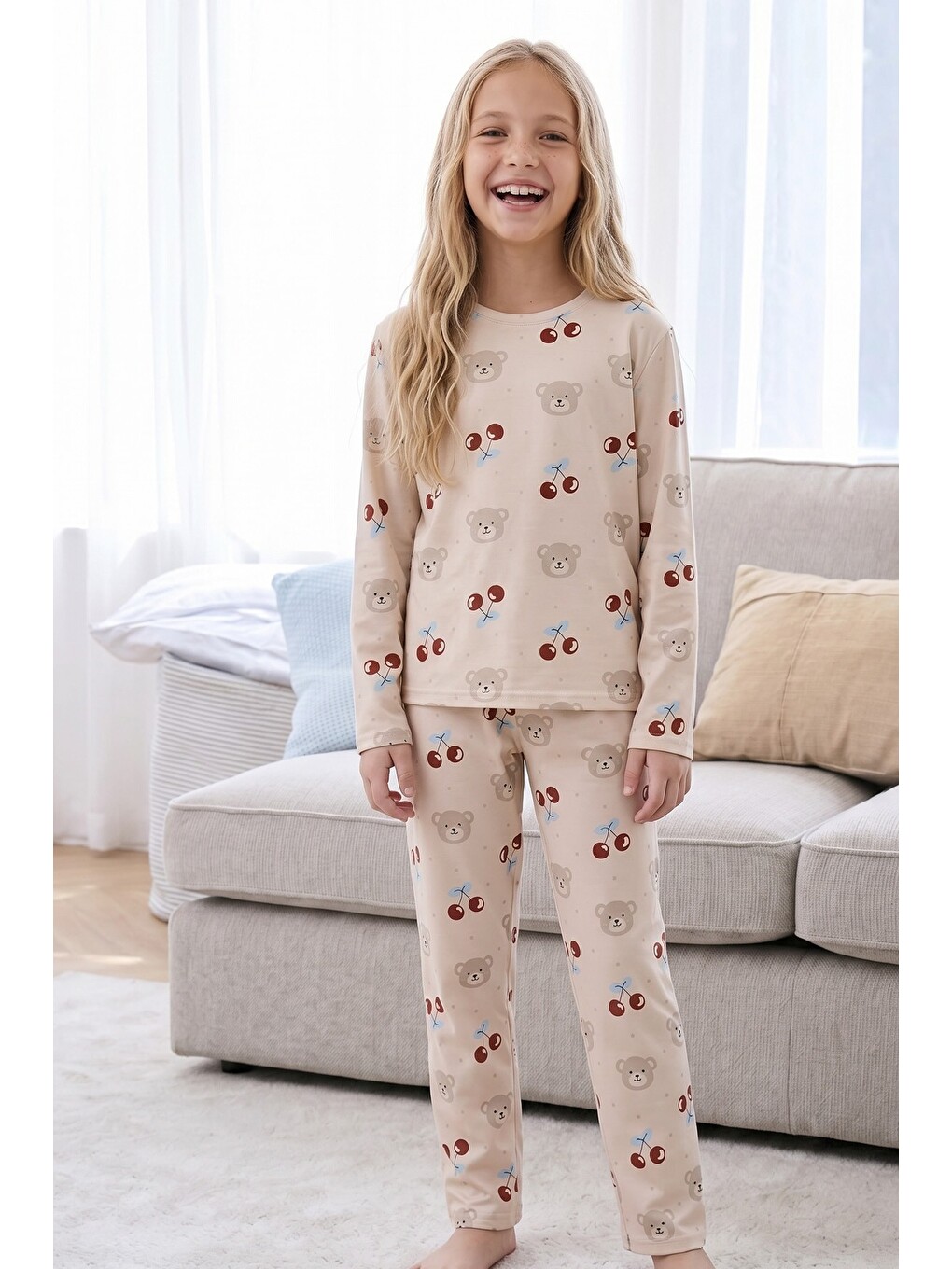 Ekru Krem Desenli Termal Kumaşlı Ultra Soft Yumuşak Örme Pijama Takımı-3