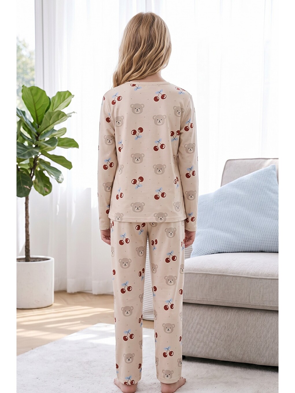 Ekru Krem Desenli Termal Kumaşlı Ultra Soft Yumuşak Örme Pijama Takımı-4