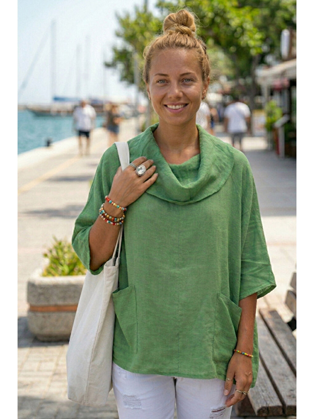 Yeşil Şal Yaka Kısa Kol Çift Cepli Casual Keten Görünümlü Geniş Kesim Dokuma Bluz 65 83-2