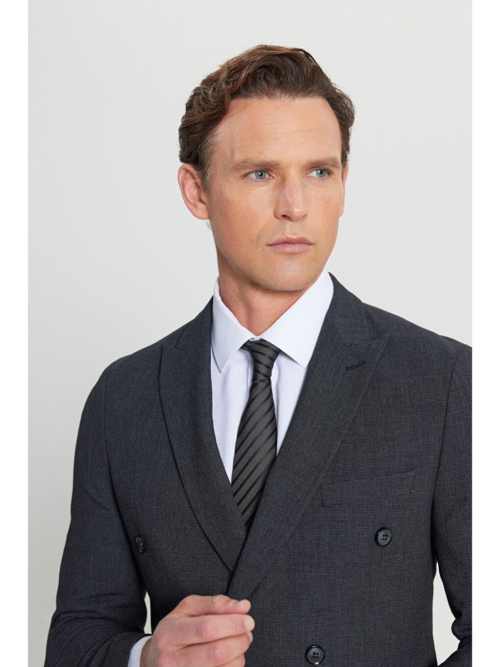 Erkek Antrasit Slim Fit Dar Kesim Kırlangıç Yaka Desenli Kapak Cepli Esnek Kruvaze Takım Elbise-4