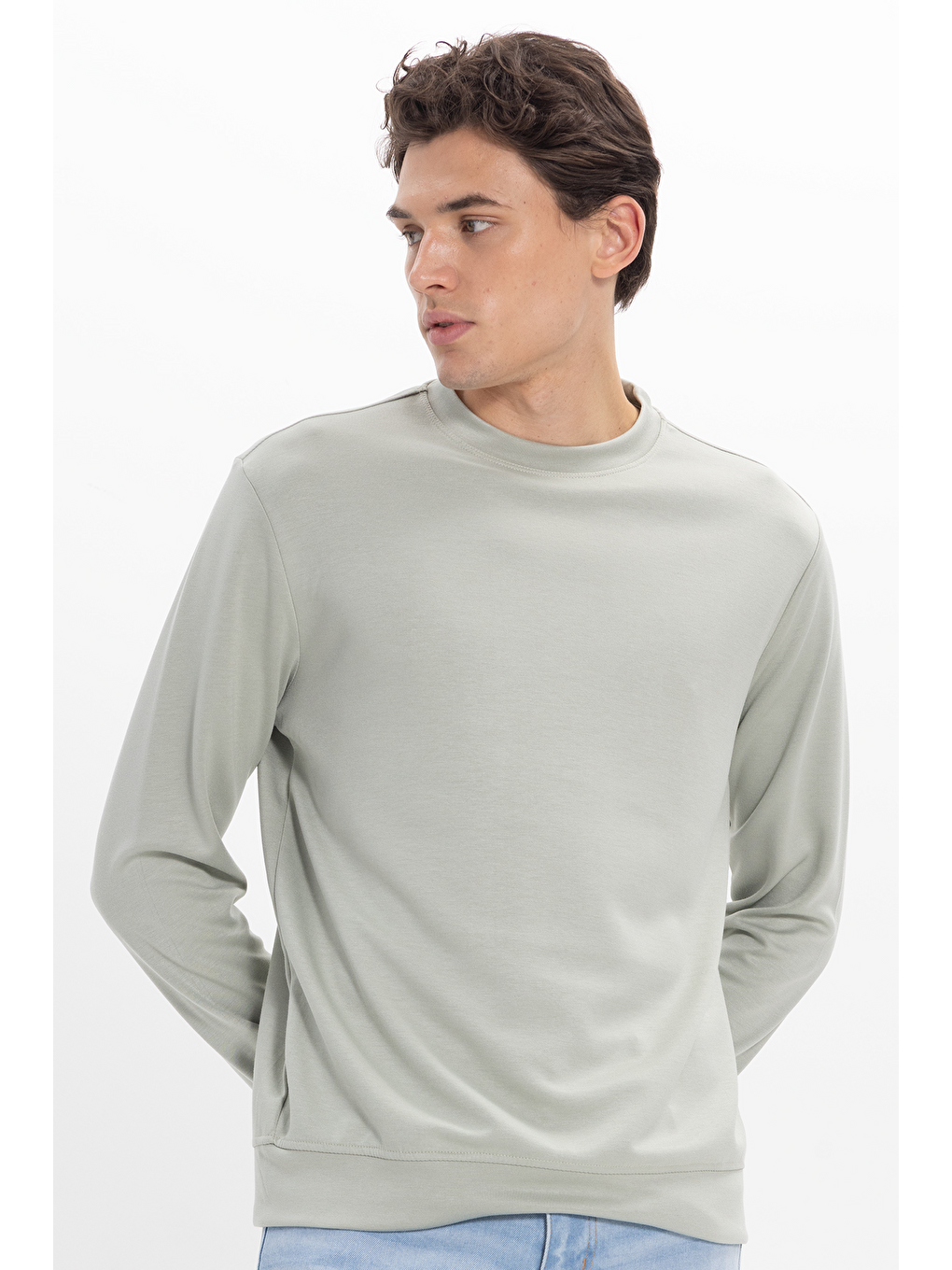 Erkek Standart Fit Normal Kesim Uzun Kollu Ekstra Soft Modal Kumaş Bisiklet Yaka Yeşil Sweatshirt-3
