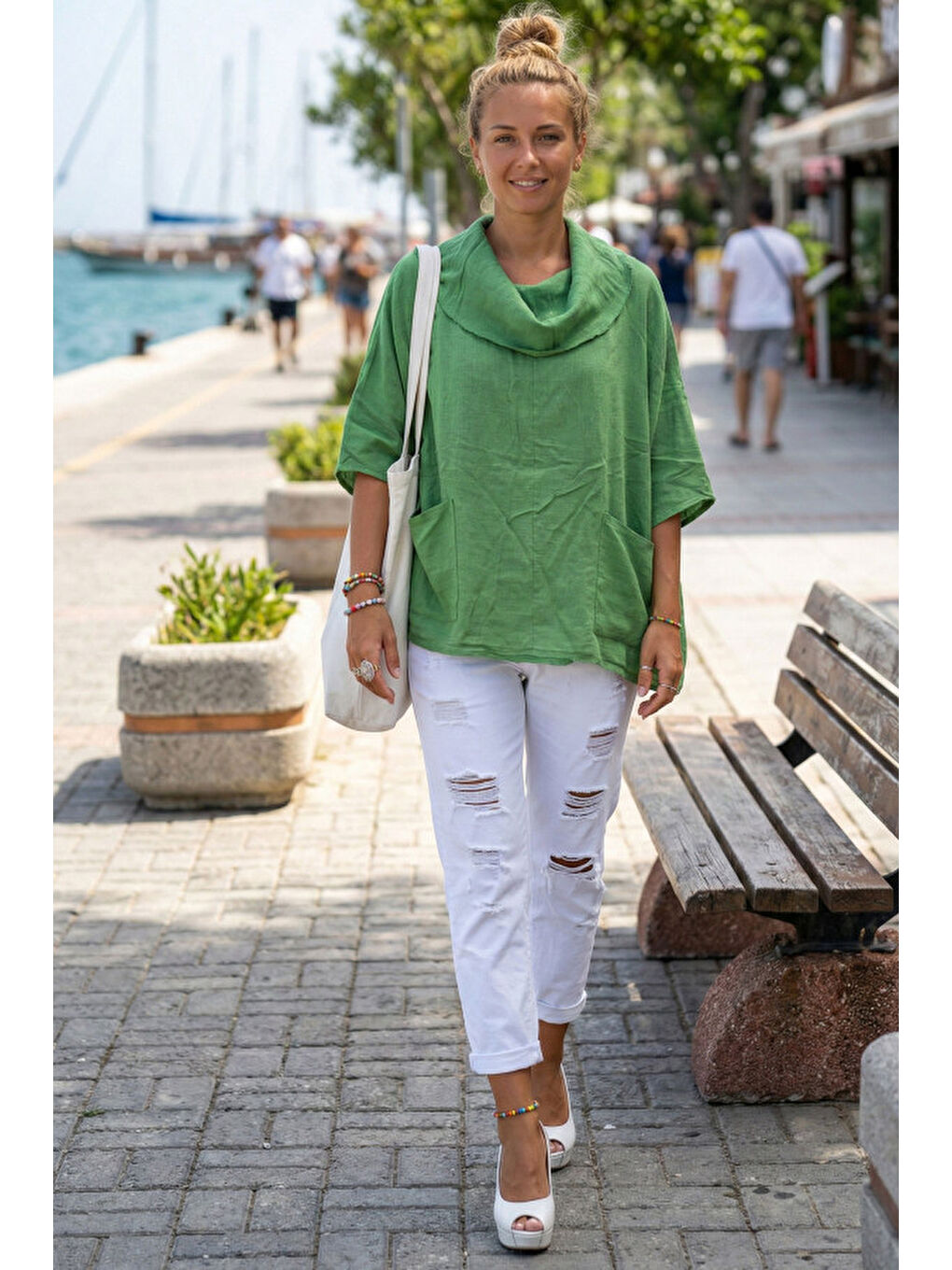 Yeşil Şal Yaka Kısa Kol Çift Cepli Casual Keten Görünümlü Geniş Kesim Dokuma Bluz 65 83-3