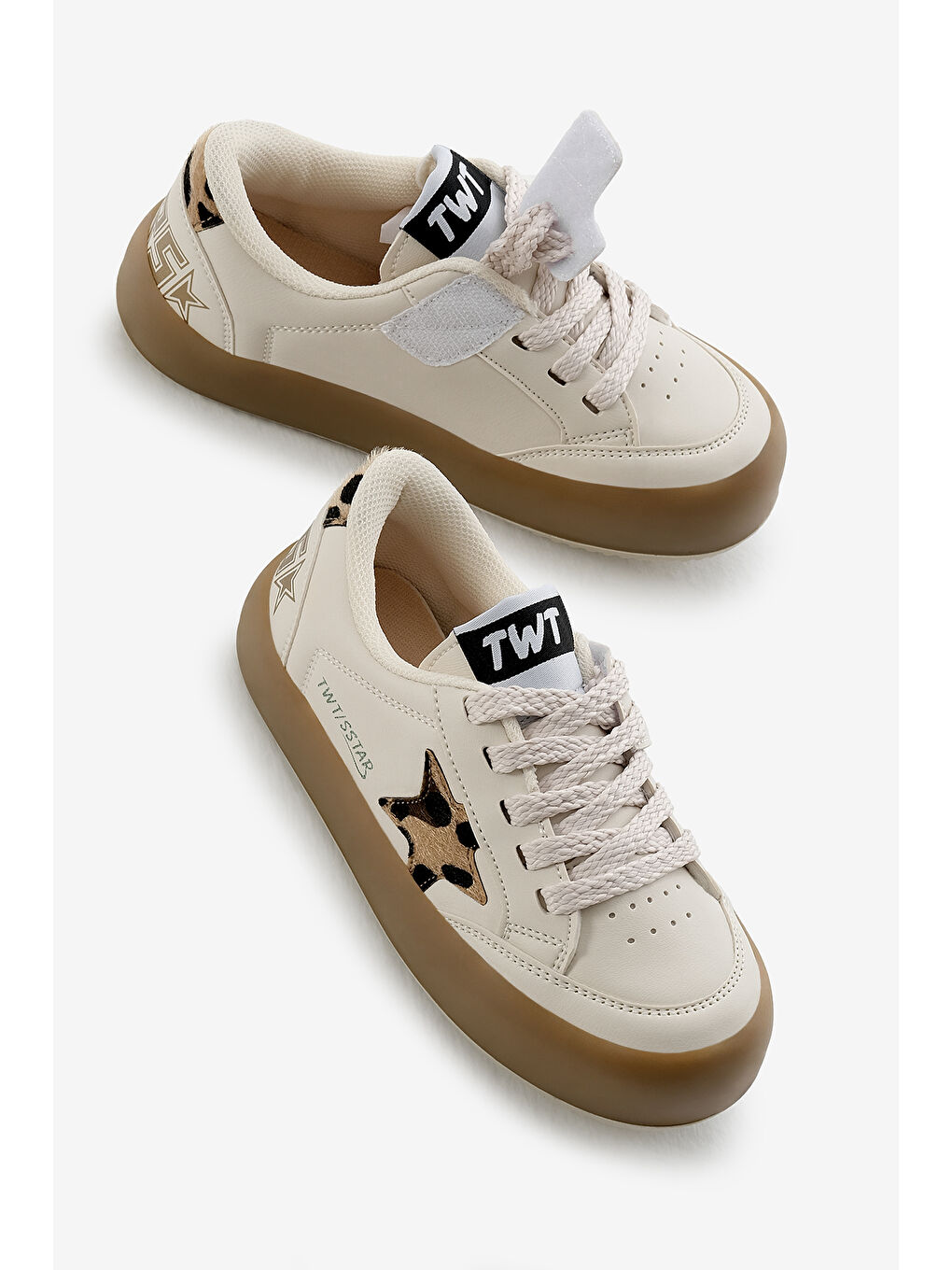 Çocuk Unisex Bej Leopar Termo Taban Yıldız Detaylı Bağcıklı ve Cırtlı Spor Ayakkabı-2