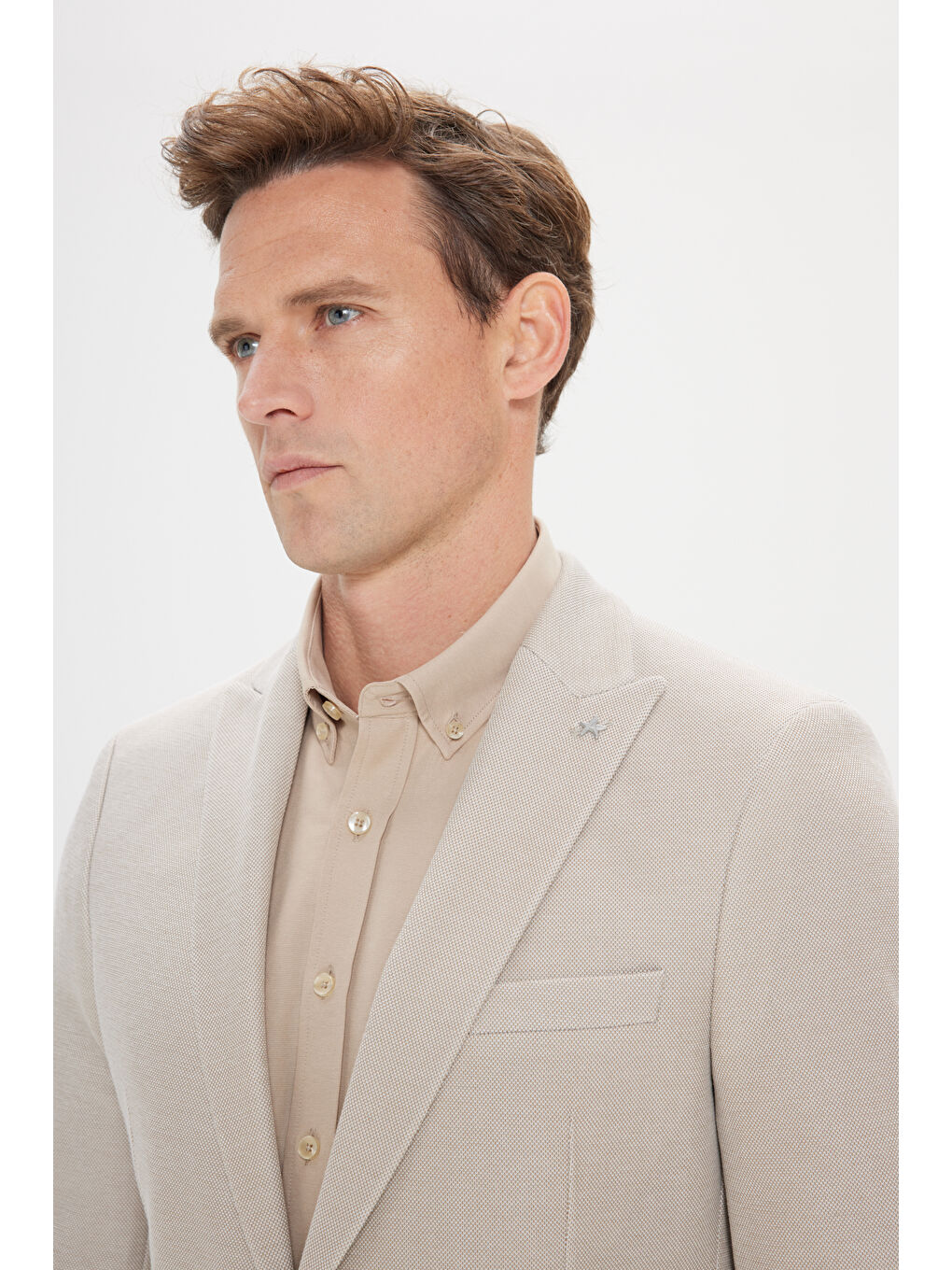 Erkek Bej 360 Her Yöne Esneyen Dar Kesim Kırlangıç Yaka Desenli Blazer Ceket-1