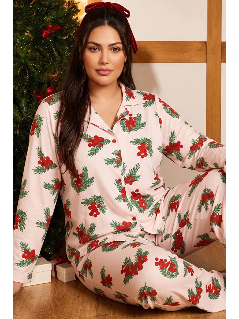 Pembe Yılbaşı Temalı Desenli Termal Kumaşlı Ultra Soft Yumuşak Büyük Beden Battal Boy Düğmeli Örme P-1