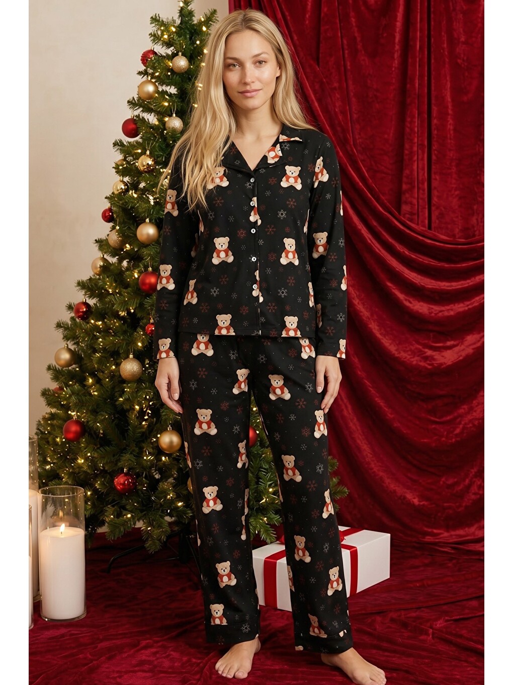 Siyah Yılbaşı Temalı Desenli Termal Kumaşlı Ultra Soft Yumuşak Düğmeli Örme Pijama Takımı-1