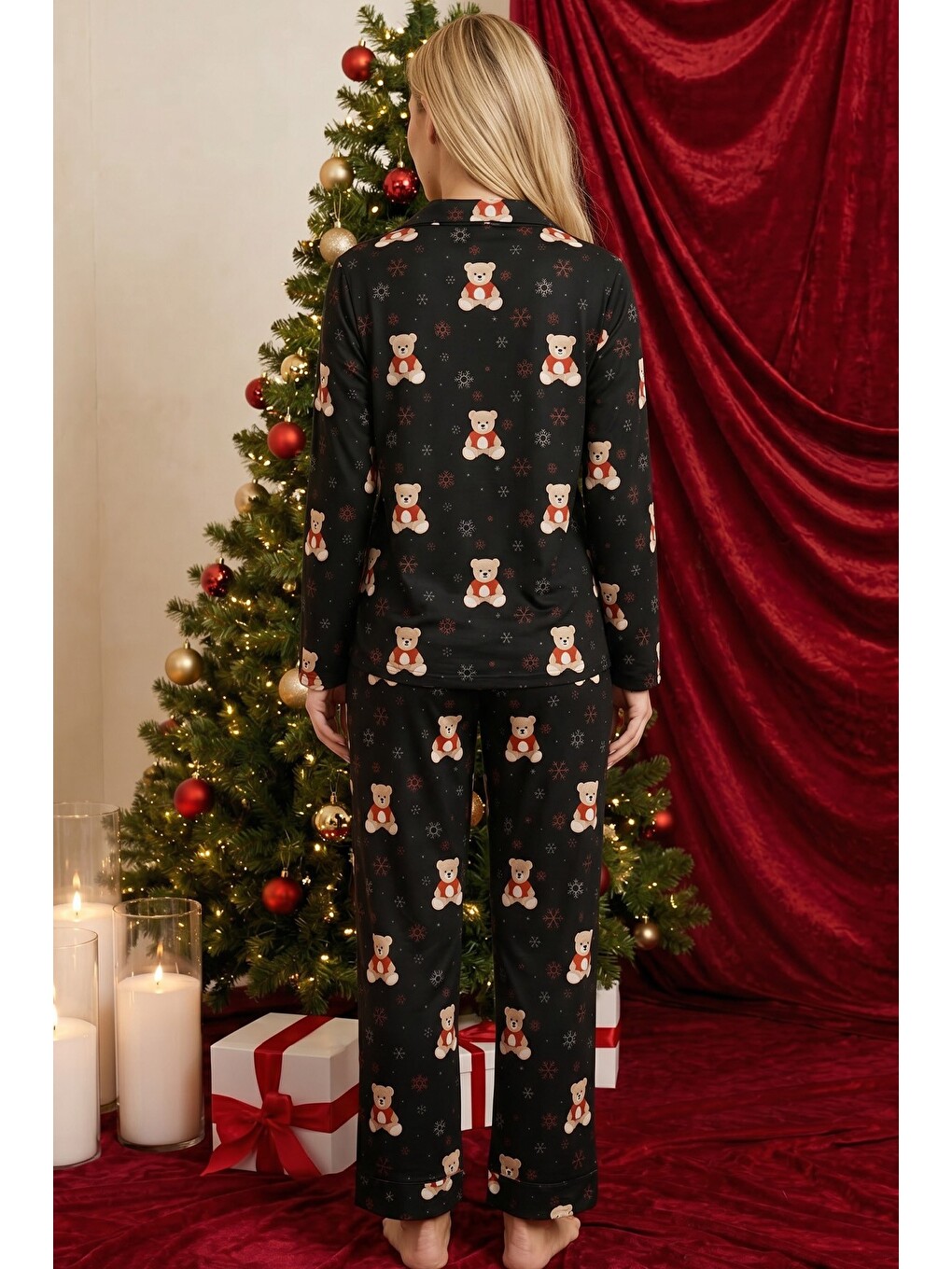 Siyah Yılbaşı Temalı Desenli Termal Kumaşlı Ultra Soft Yumuşak Düğmeli Örme Pijama Takımı-2