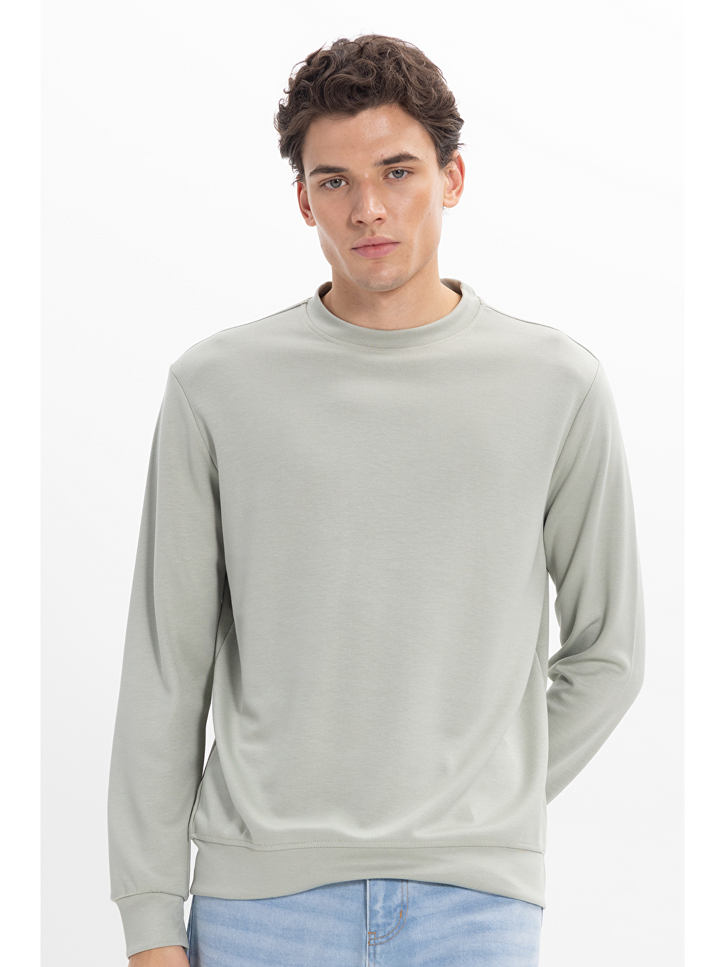 Erkek Standart Fit Normal Kesim Uzun Kollu Ekstra Soft Modal Kumaş Bisiklet Yaka Yeşil Sweatshirt-4