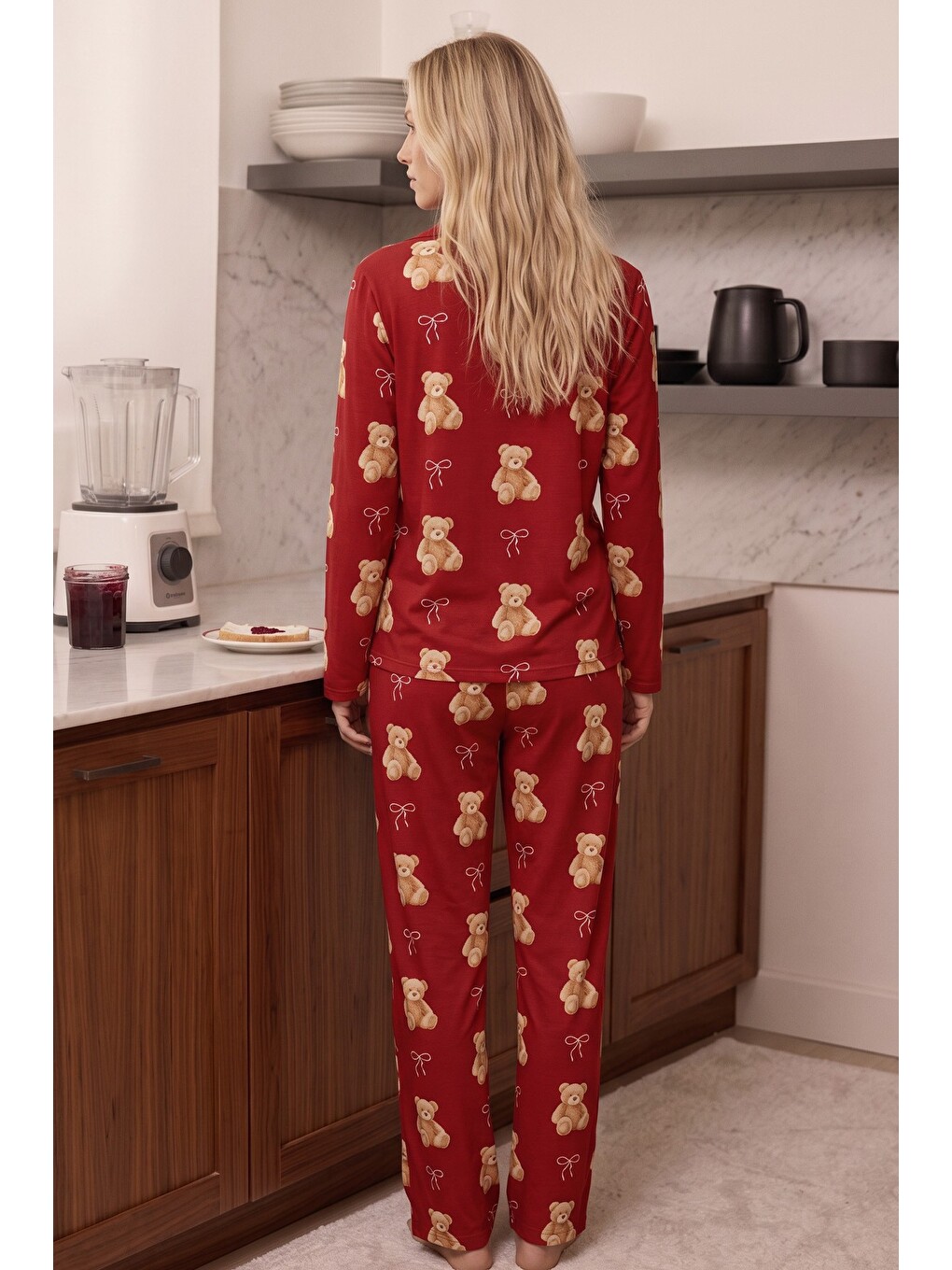 Kırmızı Desenli Termal Kumaşlı Ultra Soft Yumuşak Düğmeli Örme Pijama Takımı-2