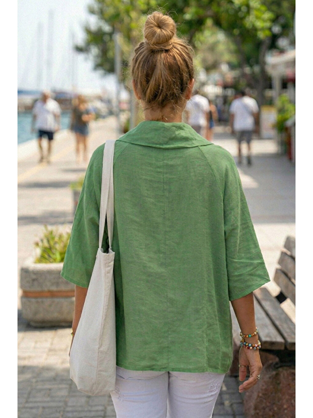 Yeşil Şal Yaka Kısa Kol Çift Cepli Casual Keten Görünümlü Geniş Kesim Dokuma Bluz 65 83-4