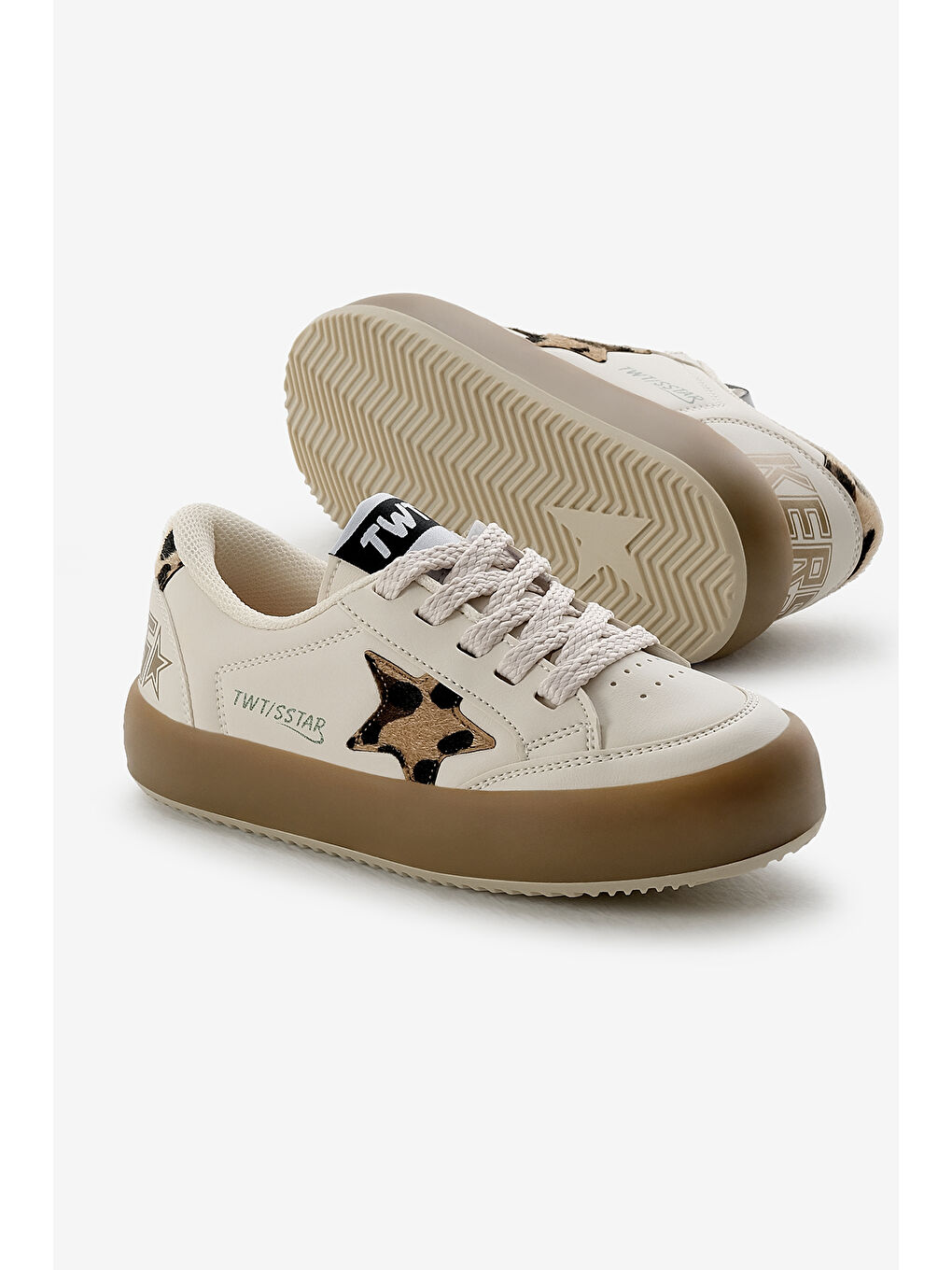 Çocuk Unisex Bej Leopar Termo Taban Yıldız Detaylı Bağcıklı ve Cırtlı Spor Ayakkabı-3
