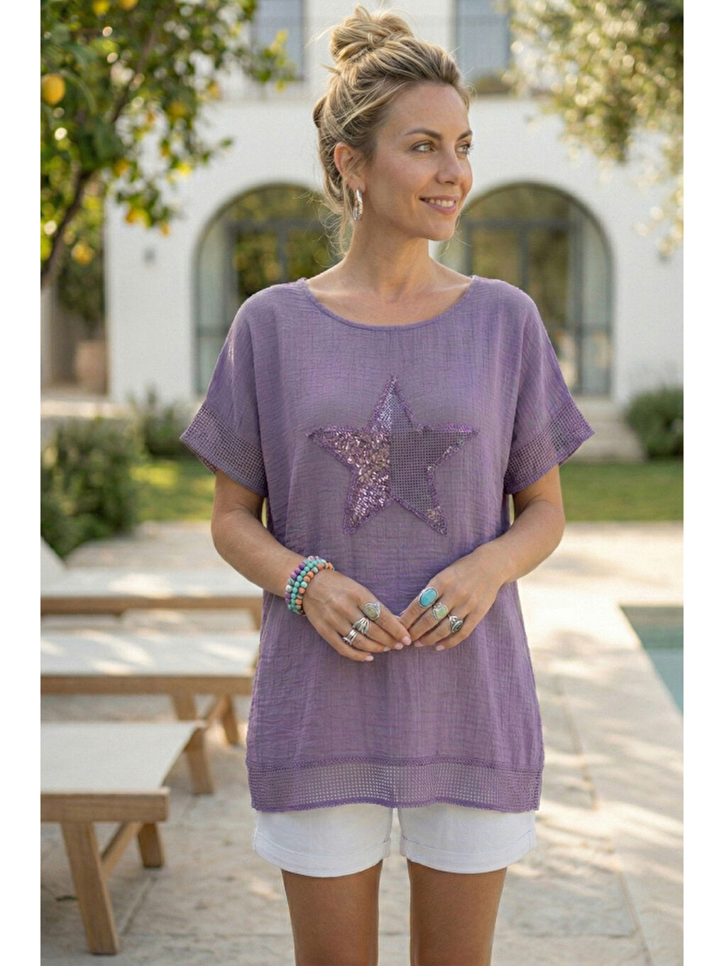 Mor Yuvarlak Yaka Düşük Kol Etek Ve Kol Ucu File Detaylı Yıldız Aplikeli Casual Dokuma Bluz 65 60-1