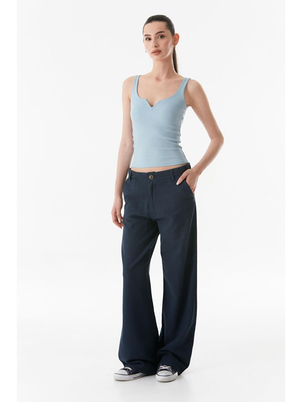 Lacivert Yüksek Bel Palazzo Keten Pantolon-1