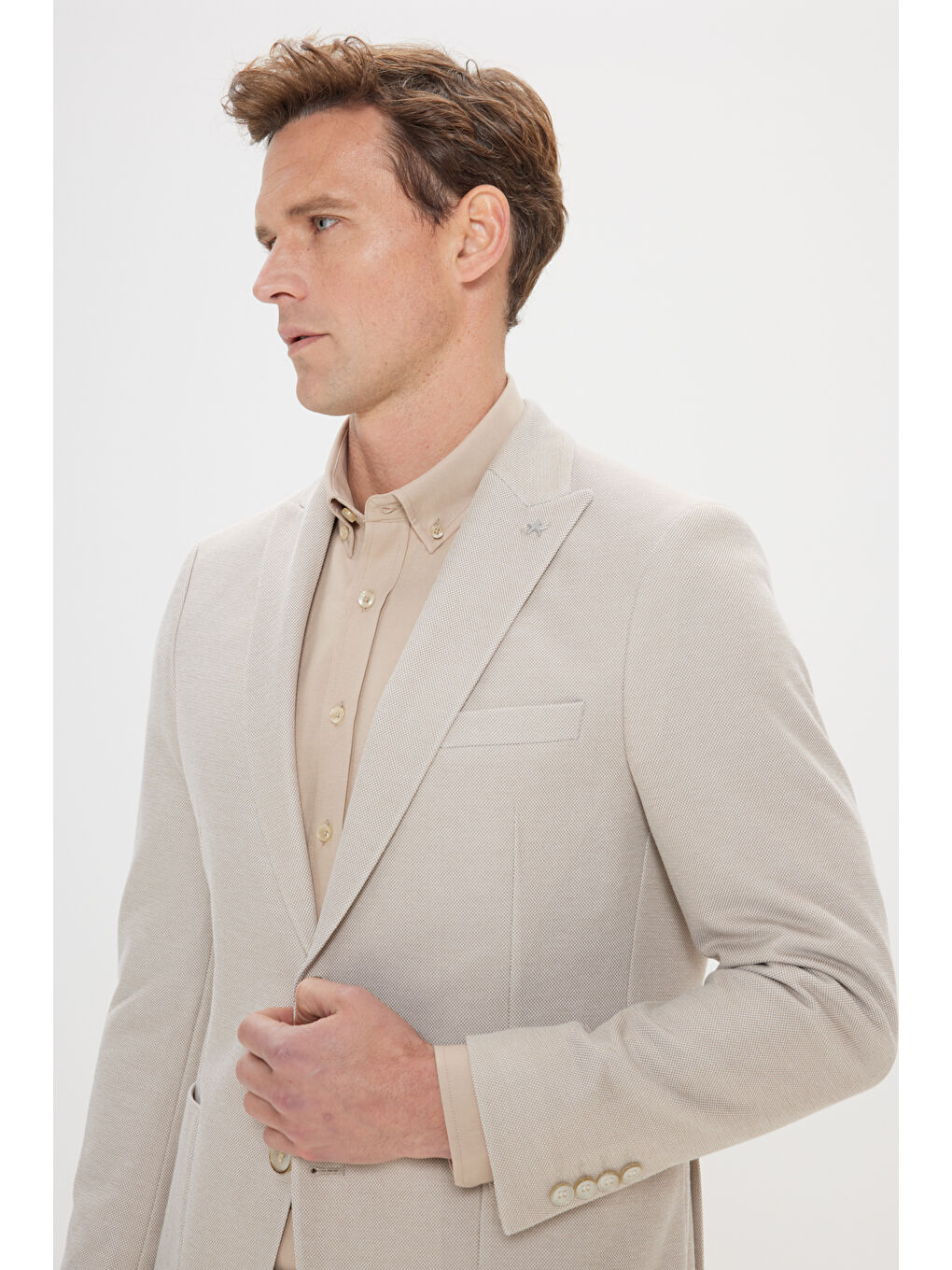 Erkek Bej 360 Her Yöne Esneyen Dar Kesim Kırlangıç Yaka Desenli Blazer Ceket-2