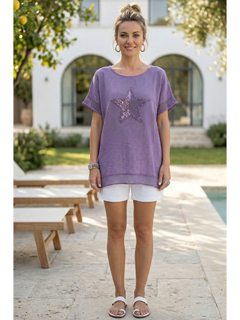 Mor Yuvarlak Yaka Düşük Kol Etek Ve Kol Ucu File Detaylı Yıldız Aplikeli Casual Dokuma Bluz 65 60-2