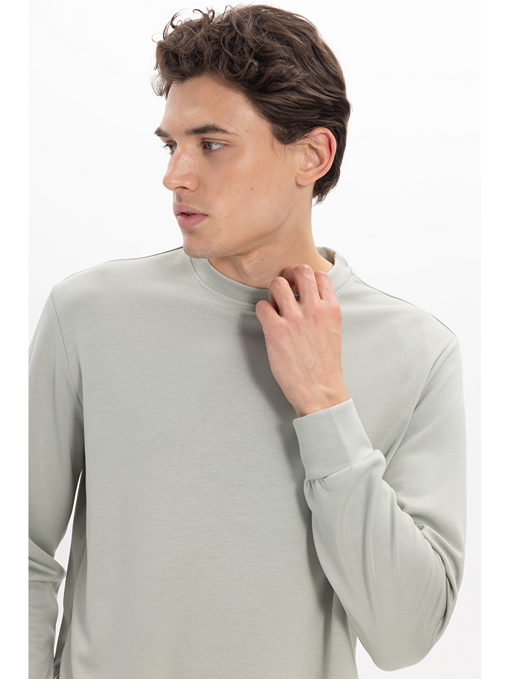 Erkek Standart Fit Normal Kesim Uzun Kollu Ekstra Soft Modal Kumaş Bisiklet Yaka Yeşil Sweatshirt-5
