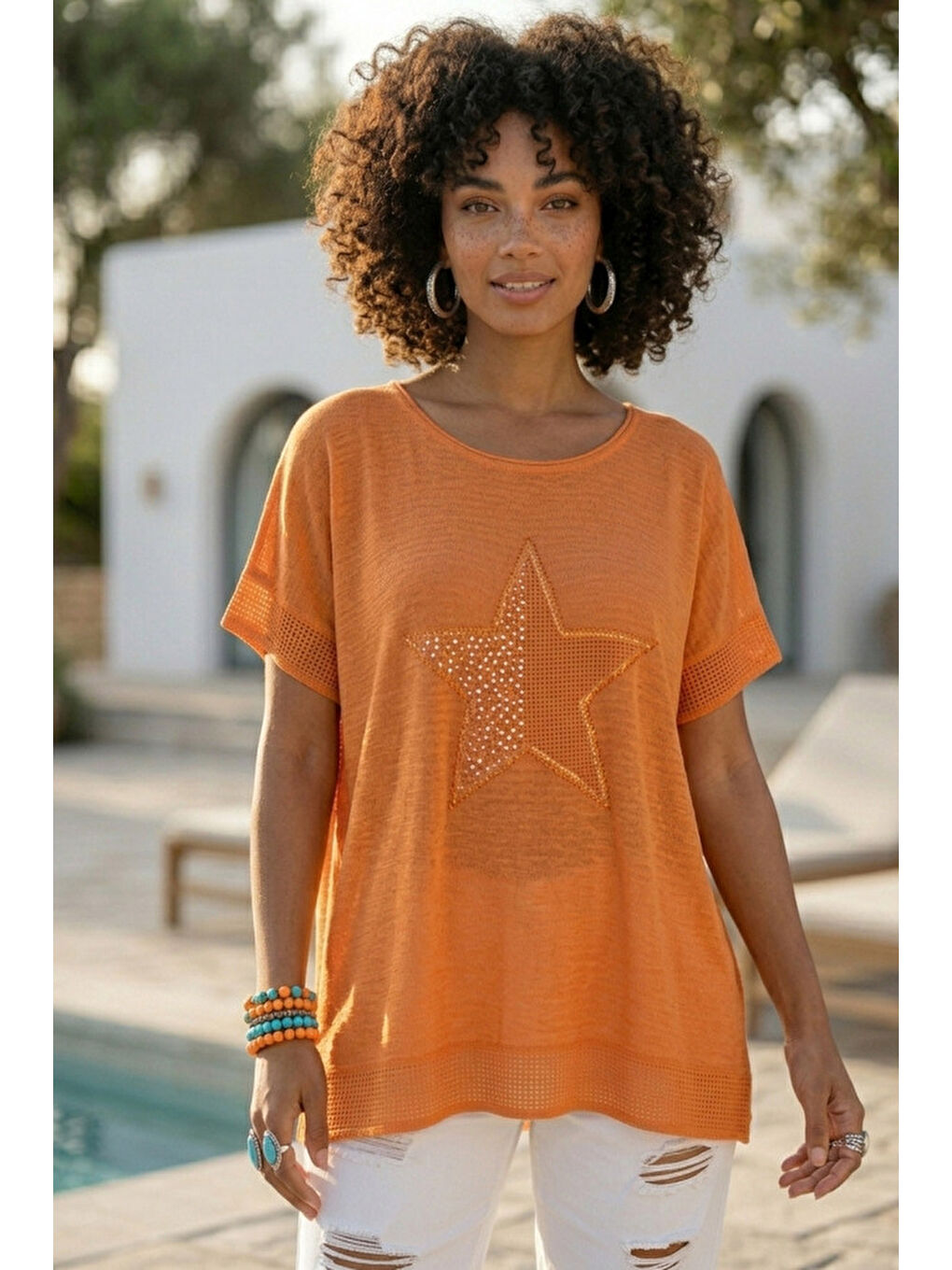 Turuncu Yuvarlak Yaka Düşük Kol Etek Ve Kol Ucu File Detaylı Yıldız Aplikeli Dokuma Bluz 65 60-1