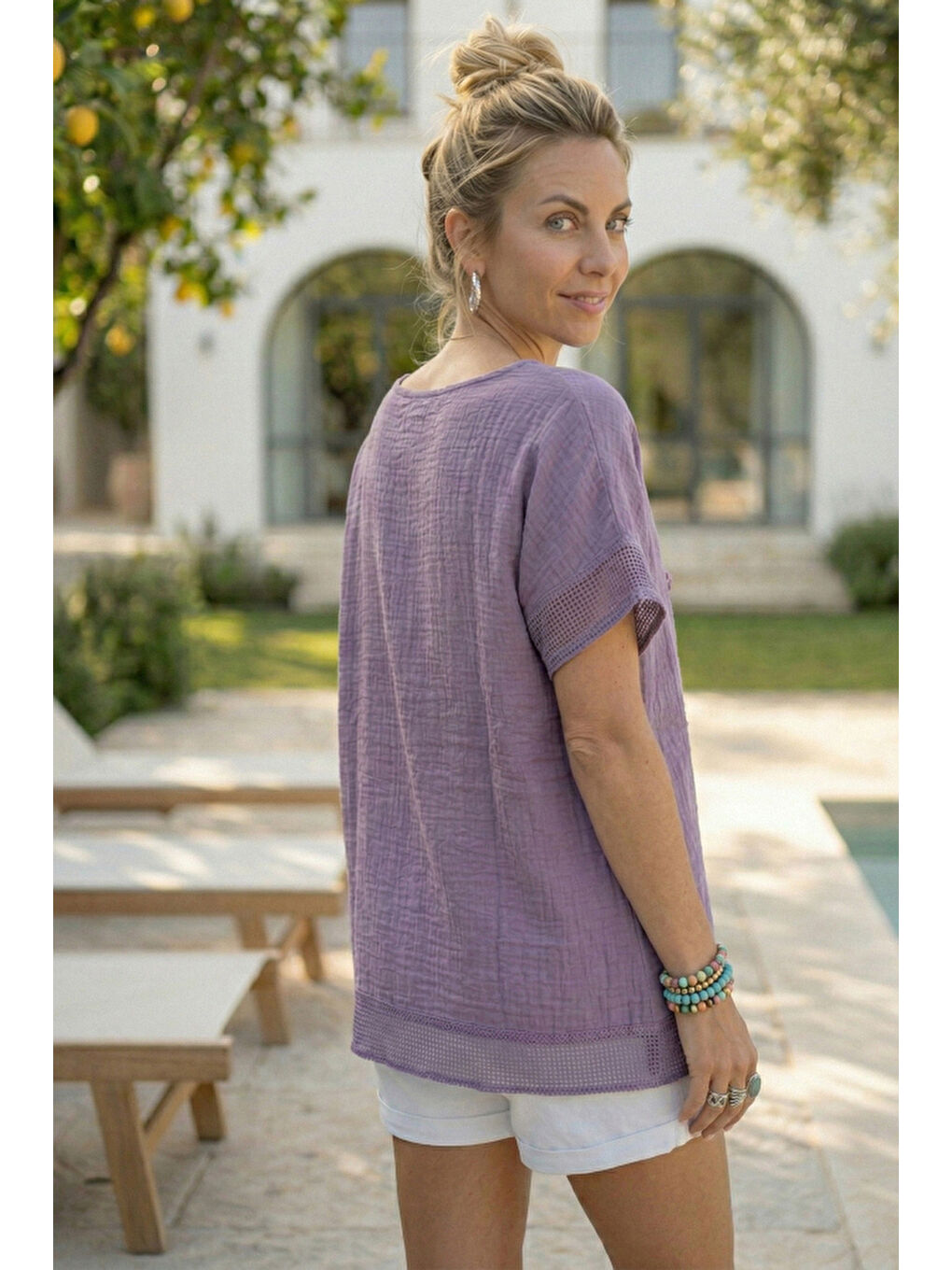 Mor Yuvarlak Yaka Düşük Kol Etek Ve Kol Ucu File Detaylı Yıldız Aplikeli Casual Dokuma Bluz 65 60-3