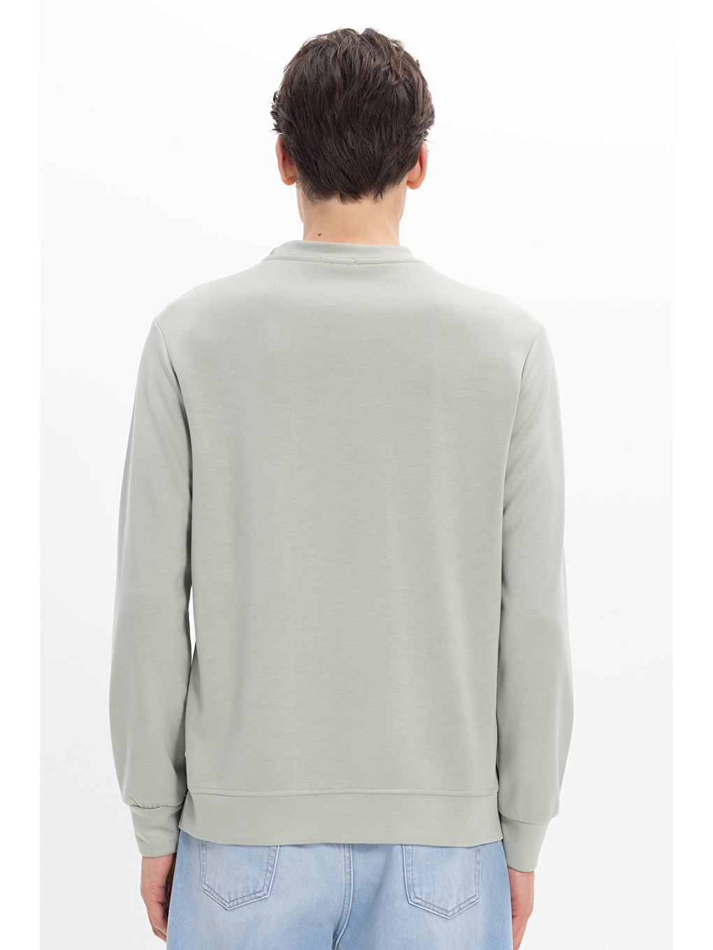 Erkek Standart Fit Normal Kesim Uzun Kollu Ekstra Soft Modal Kumaş Bisiklet Yaka Yeşil Sweatshirt-6