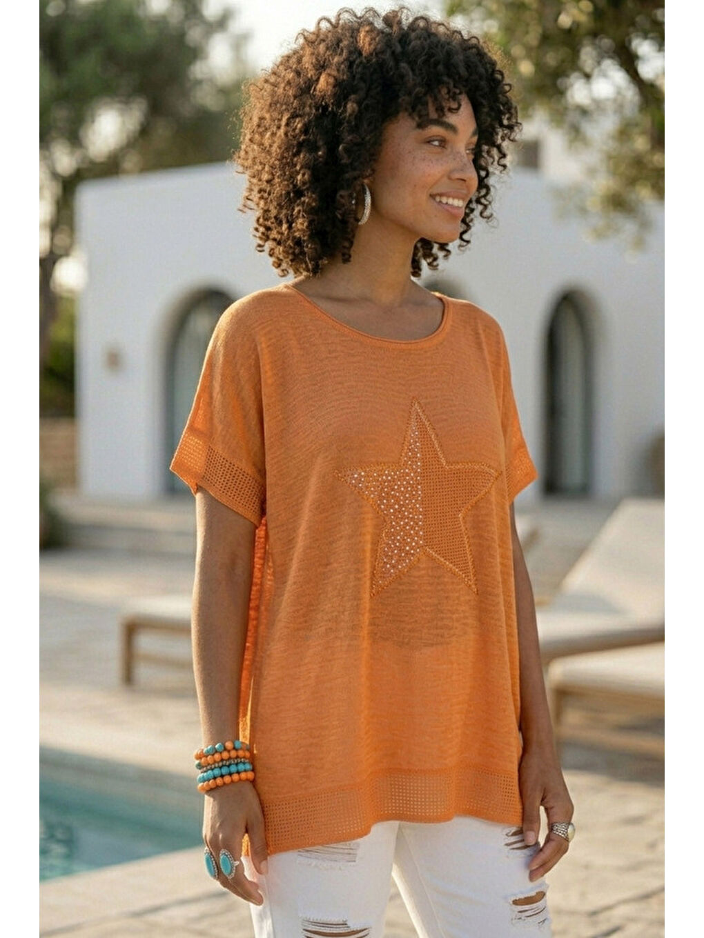 Turuncu Yuvarlak Yaka Düşük Kol Etek Ve Kol Ucu File Detaylı Yıldız Aplikeli Dokuma Bluz 65 60-2