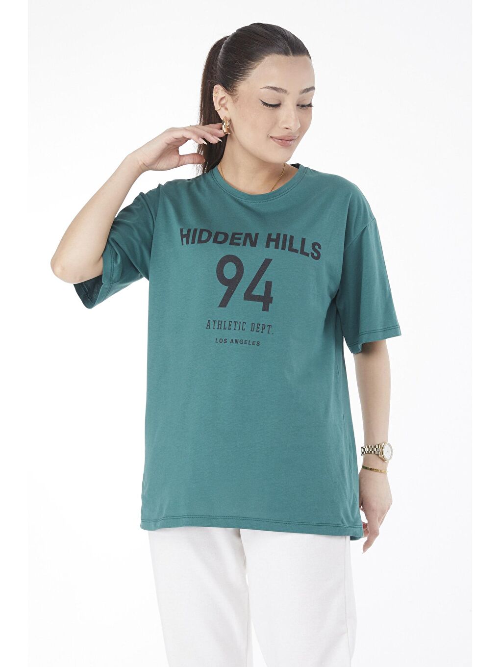 TOFİSA Yeşil Düz Bisiklet Yaka Kadın Yeşil Kısa Kollu Baskılı T-shirt - 24638 - 1