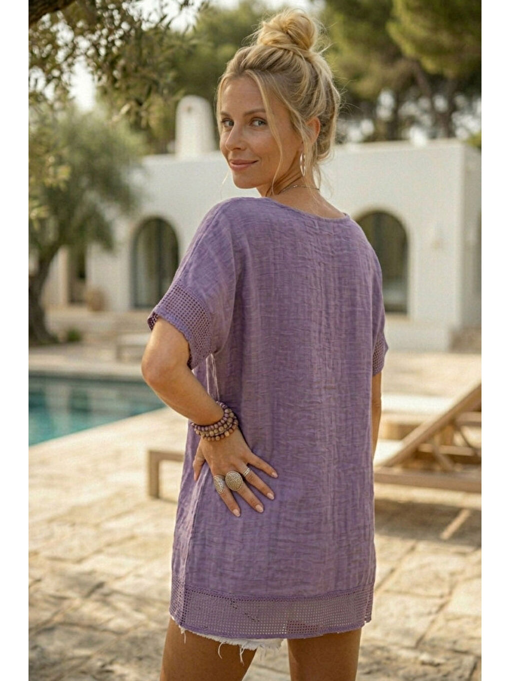 Mor Yuvarlak Yaka Düşük Kol Etek Ve Kol Ucu File Detaylı Yıldız Aplikeli Casual Dokuma Bluz 65 60-4