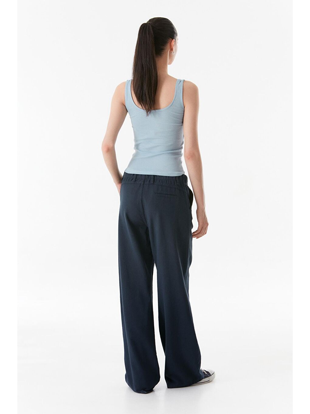 Lacivert Yüksek Bel Palazzo Keten Pantolon-3
