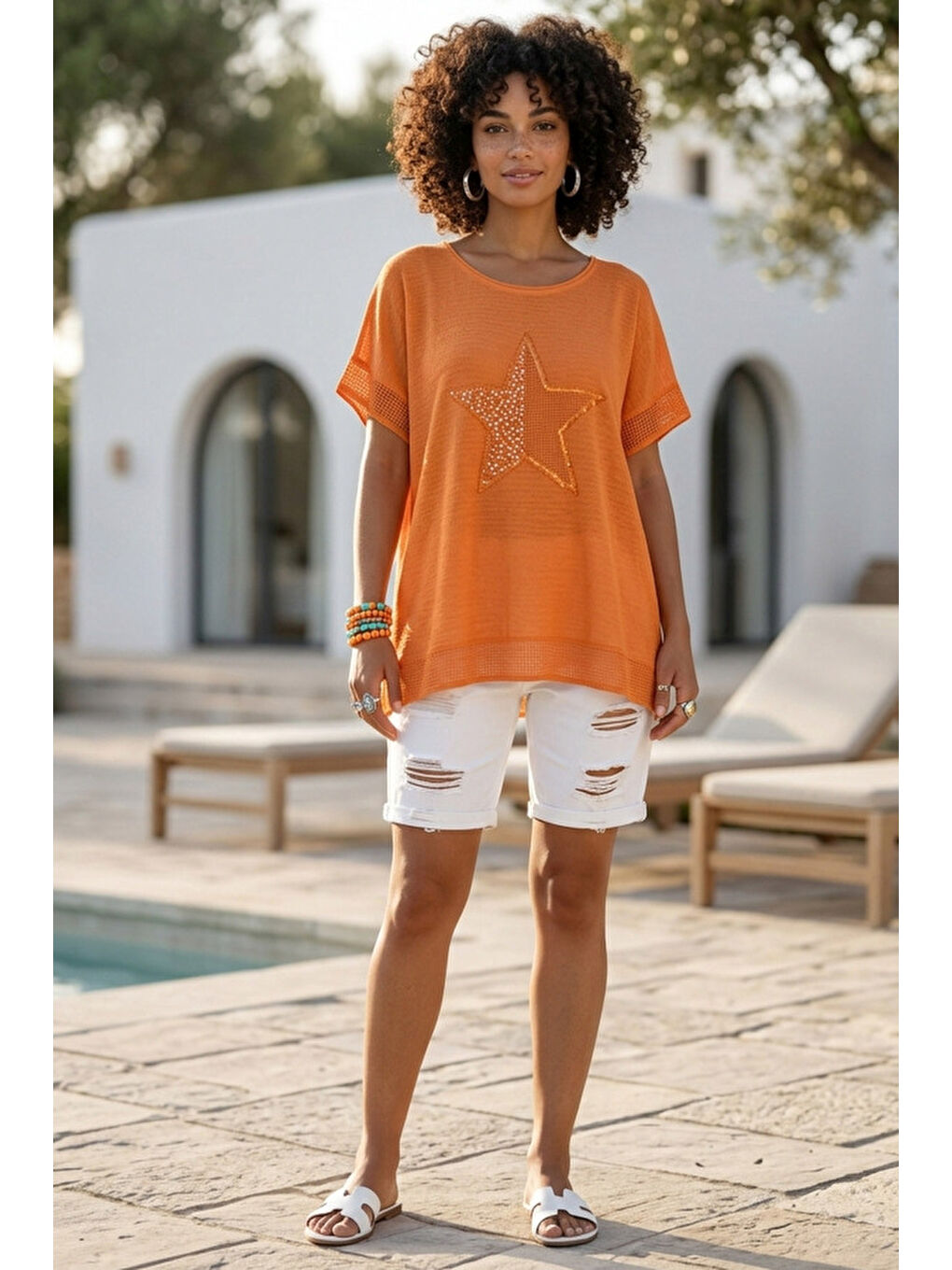 Turuncu Yuvarlak Yaka Düşük Kol Etek Ve Kol Ucu File Detaylı Yıldız Aplikeli Dokuma Bluz 65 60-3