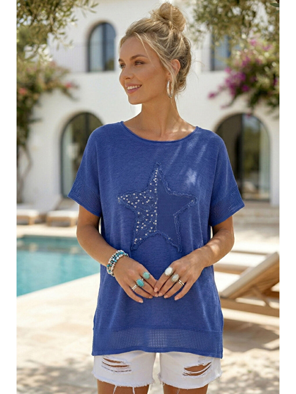 Mavi Yuvarlak Yaka Düşük Kol Etek Ve Kol Ucu File Detaylı Yıldız Aplikeli Casual Dokuma Bluz 65 60-1