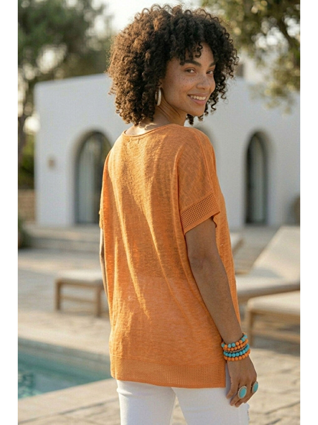 Turuncu Yuvarlak Yaka Düşük Kol Etek Ve Kol Ucu File Detaylı Yıldız Aplikeli Dokuma Bluz 65 60-4