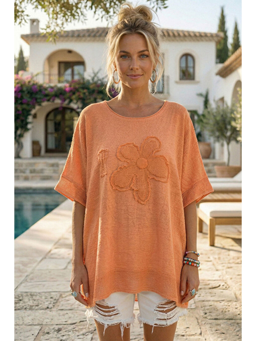 Turuncu Yuvarlak Yaka Düşük Kol Etek Ve Kol Ucu File Detaylı Çiçek Aplikeli Dokuma Bluz 65 60-1
