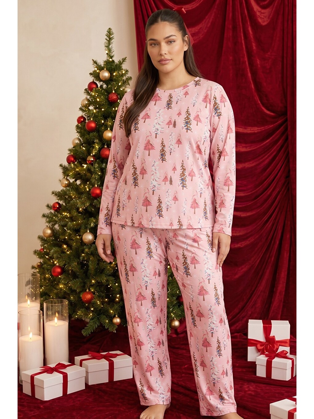 Pembe Yılbaşı Temalı Desenli Termal Kumaşlı Ultra Soft Yumuşak Büyük Beden Battal Boy Örme Pijama Ta-1