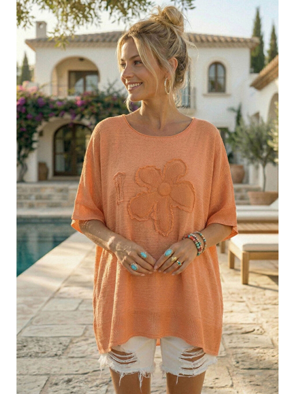 Turuncu Yuvarlak Yaka Düşük Kol Etek Ve Kol Ucu File Detaylı Çiçek Aplikeli Dokuma Bluz 65 60-2