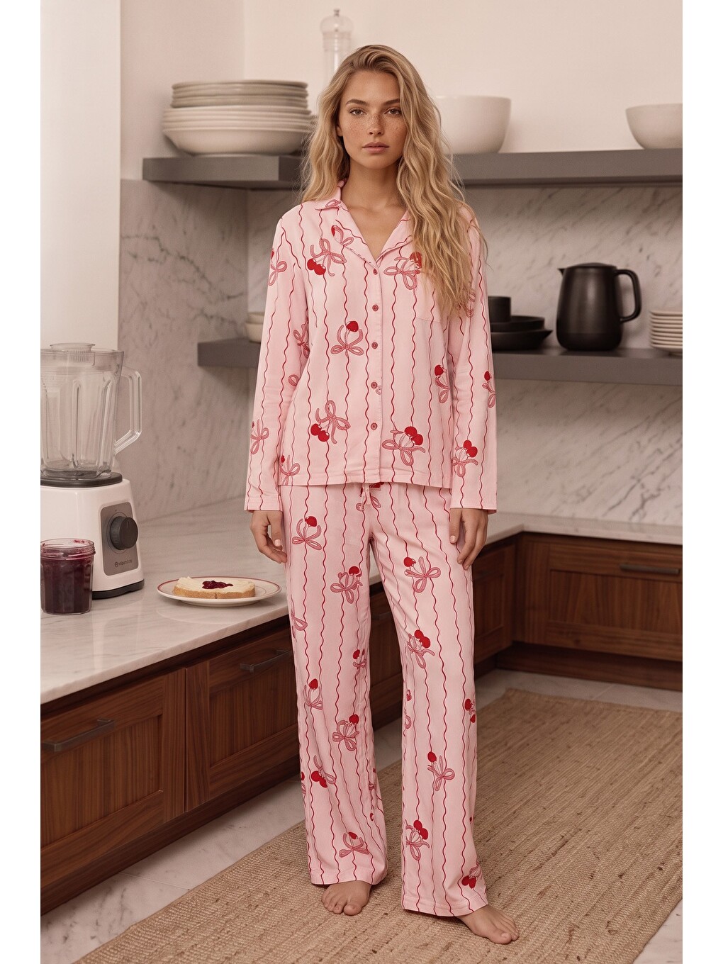 Pembe Desenli Termal Kumaşlı Ultra Soft Yumuşak Düğmeli Örme Pijama Takımı-1