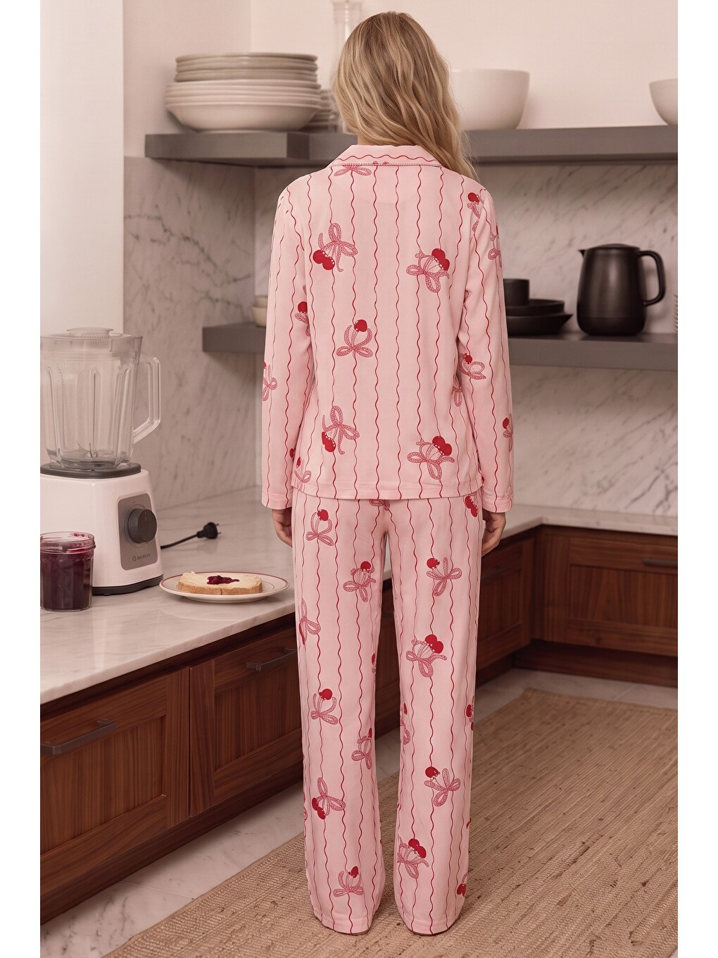 Pembe Desenli Termal Kumaşlı Ultra Soft Yumuşak Düğmeli Örme Pijama Takımı-2